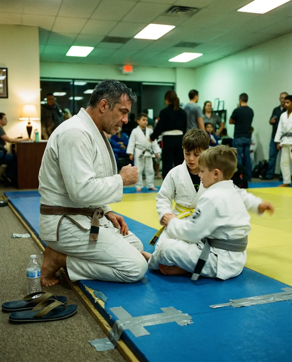 Coaching two kids through a drill on the mat